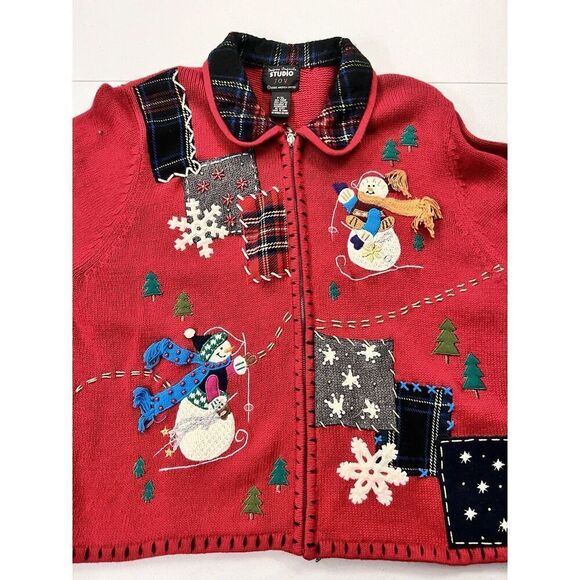Vintage Womens UGLY CHRISTMAS SWEATER  XL petite Studio Joy full‎ zip EUC - Picture 5 of 8